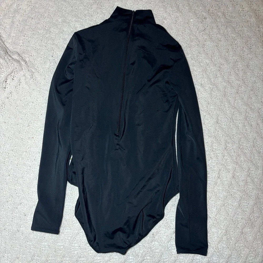 Nylon Spandex Leotard Dance Bodysuit Black +‎ Rhinestone Cross Turtleneck MA